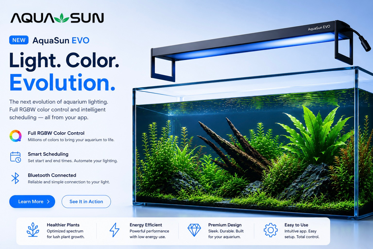 AquaSun EVO aquarium light over a planted aquarium